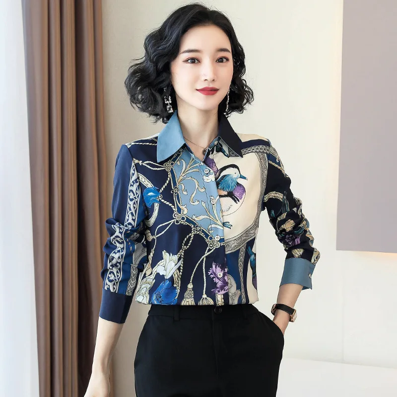 

Retro Chinese-style WOMEN'S Dress Imitated Silk Fabric Tops 2020 Spring New Style Printed Mulberry Silk Shirt Loose-Fit Long-sle
