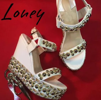 

OllyMurs New Quality Fashion Design Genuine Leather Metal Studded Summer Sandals Open Toe Sexy Platform High Heel Wedges Shoes
