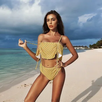 

New Printed Bikini Set Push Up Women Spaghetti Straps Ruffles Sleeveless Low Waist Wire Free Pad Sexy Swimsuit Summer Biquini