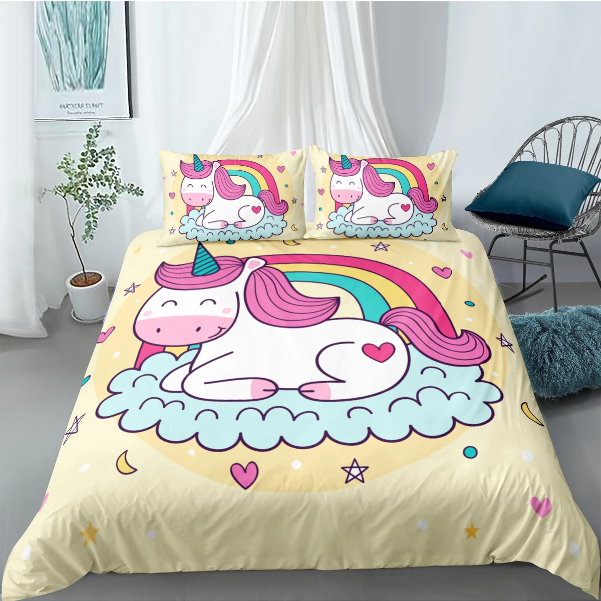 

3D Yellow Beddings Unicorn Duvet Cover Sets Cartoon Comforter Cases Pillow Cases King Queen Super King Twin Full Size 180*210cm