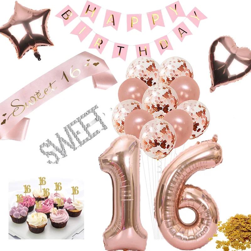 Розовое золото сладкий 16 лет 16th С Днем Рождения украшения для вечеринки на подарок для девочки