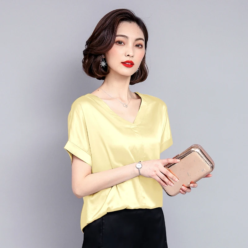 Блузка женская с V образным вырезом шелковая Повседневная рубашка элегантная