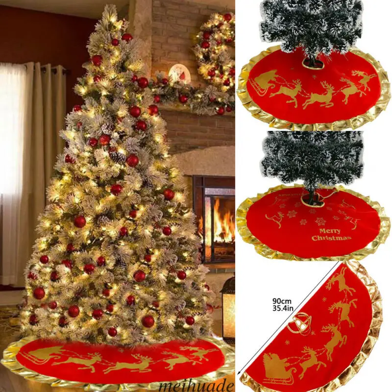 Traditional 35&quot 90/100cm Red Christmas Tree Skirt Base Floor Mat Apron Cover Xmas Decorations Santa Snowman Party Home Decor | Дом и сад