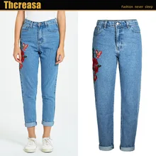Модные повседневные длинные штаны размера плюс, с вышитыми цветами, с высокой талией, обтягивающие джинсы для женщин, Стрейчевые джинсовые длинные штаны на весну