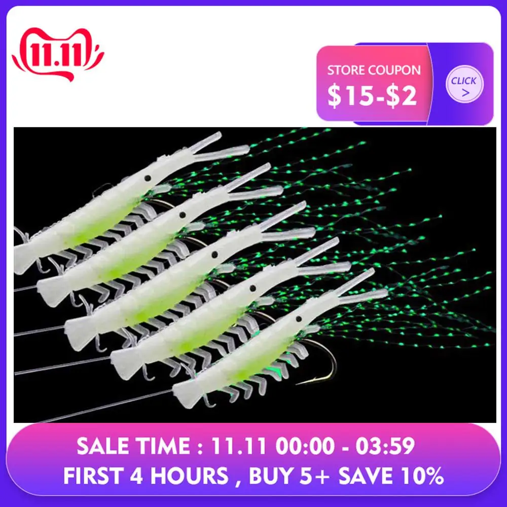 

5pcs Luminous Shrimp Baits Size 12 Fishing Hook Jig Hooks with Hole Soft shrimp fishinghooks Fishing lure Tackles