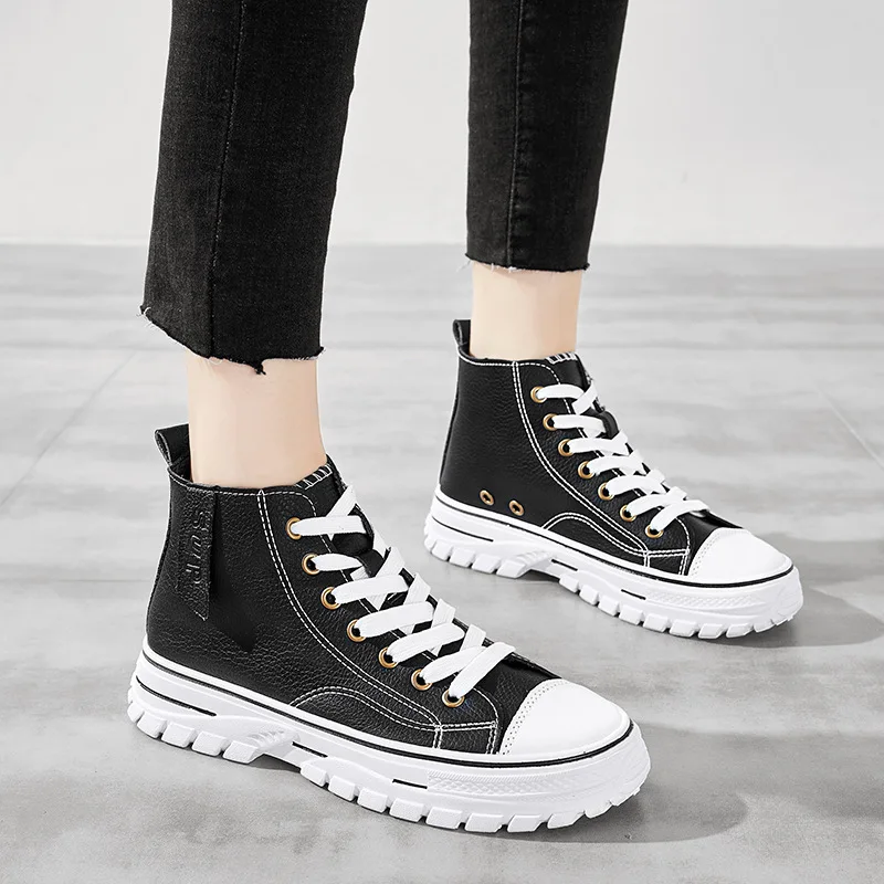 

2019 New Style Autumn Casual Versatile Thick Bottomed Hight-top Athletic Shoes Women's Fashion Hight-top White Shoes Genuine Lea