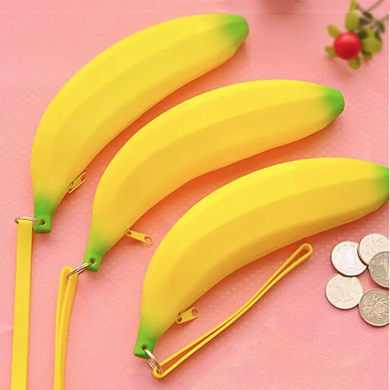 Novelty Yellow Banana Silicone Pen Eraser Pencil Case Stationery Storage Bag dual Coin Purse Key Wallet Promotional Gift
