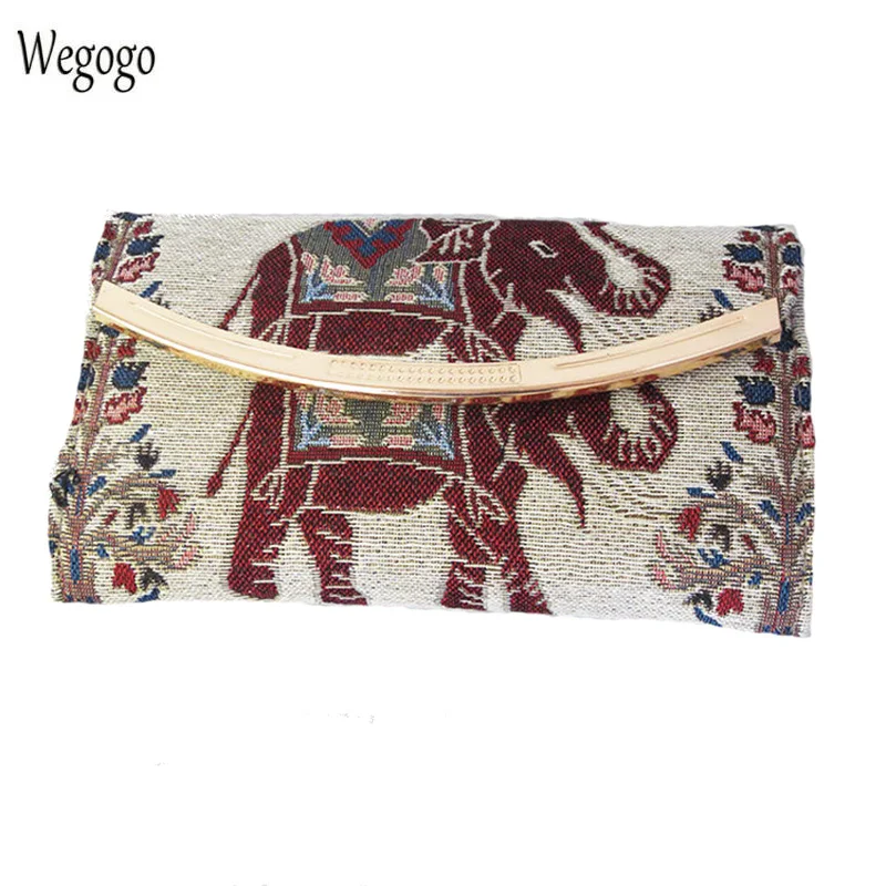 

New Ethnic Embroidery Women Handbag Elephant Embroidered Day Clutch Canvas Chain Shoulder Bag Travel Messenger Bags Women