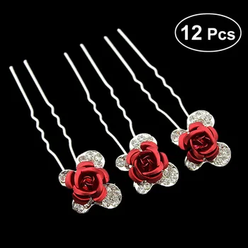 

12pcs Women Wedding Bridal Pearl Rhinestone Decorated U-Shaped Hairpins Rose Hair Pins Clips