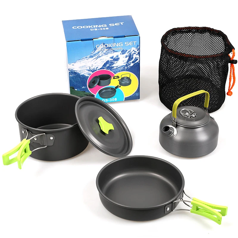 

3pcs/Set Ultra-light Aluminum Alloy Camping Cookware Utensils Outdoor Cooking Teapot Picnic Tableware Kettle Pot Frying Pan