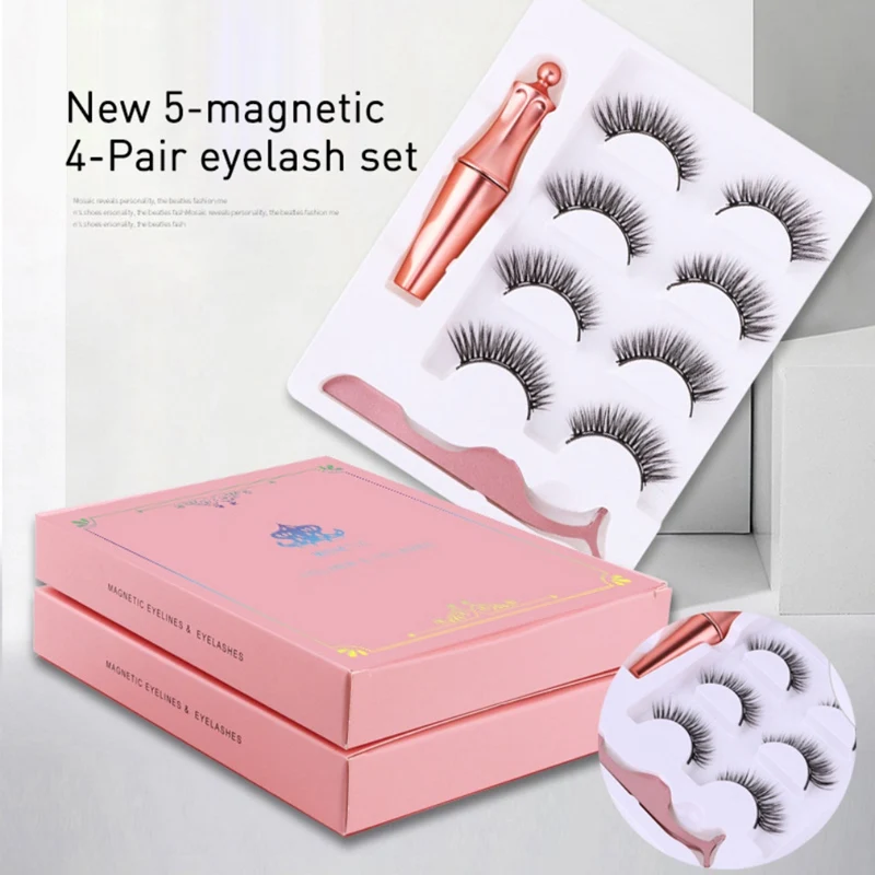 

4 pairs Of 3D Magnetic Eyelashes Set Long-lasting Curling Waterproof Magnetic Eyeliner Liquid Lashes Tweezers Eye Makeup Tool