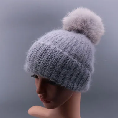 Вязанные шапки-бобы, зимняя шапка Skullies для женщин, винтажная женская шапка с кроличьим мехом, Лыжные шапки с помпоном из натурального Лисьего меха - Цвет: Light gray - Fox Fur