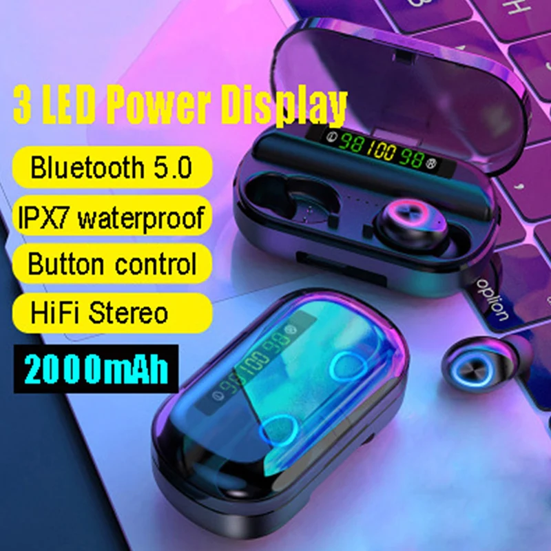 HiFi стерео Bluetooth 5,0 наушники TWS Беспроводные наушники с шумоподавлением IPX7 Водонепроницаемая гарнитура 3 светодиодный дисплей спортивные наушники