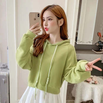

Autumn Cropped Hoodies Women 2019 New Korean Edition Long Sleeve Drawstring Solid Loose Casual Sweatshirt Pullover Harajuku Tops