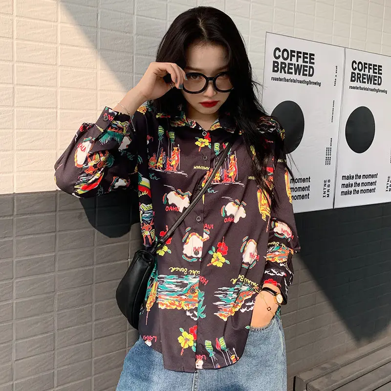 

Turn-down Collar Floral Print Shirt Female Long Sleeve Casual Black Blouse Ladies 2020 Autumn Spring Womens Tops Blouses Vintage