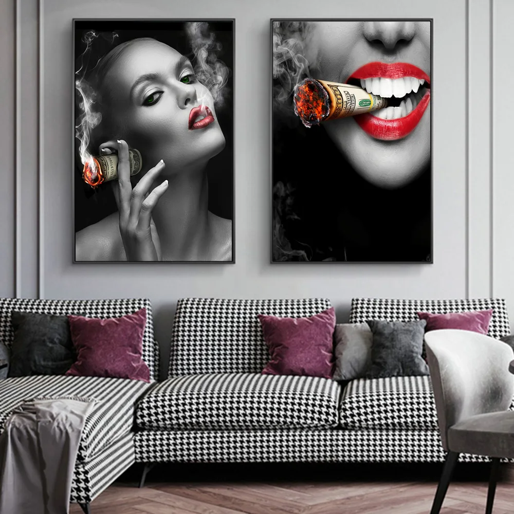 Moderno nórdico fumar sexy meninas quadros em tela quadros pintados à mão abstracto lábios vermelhos