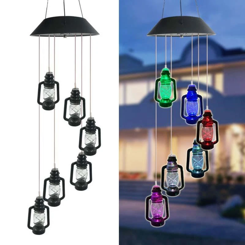 

Solar Powered Wind Chime Retro Color Changing Kerosene Bottle Windchime Outdoor Lighting Garden Lawn Tree Home Decor Lamp