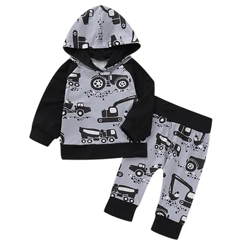 

0-24M Newborn Baby Boy Girl Fall Autumn Clothes Long Sleeve Hooded Tops Tractor print Long Pant 2PCS Clothing Set