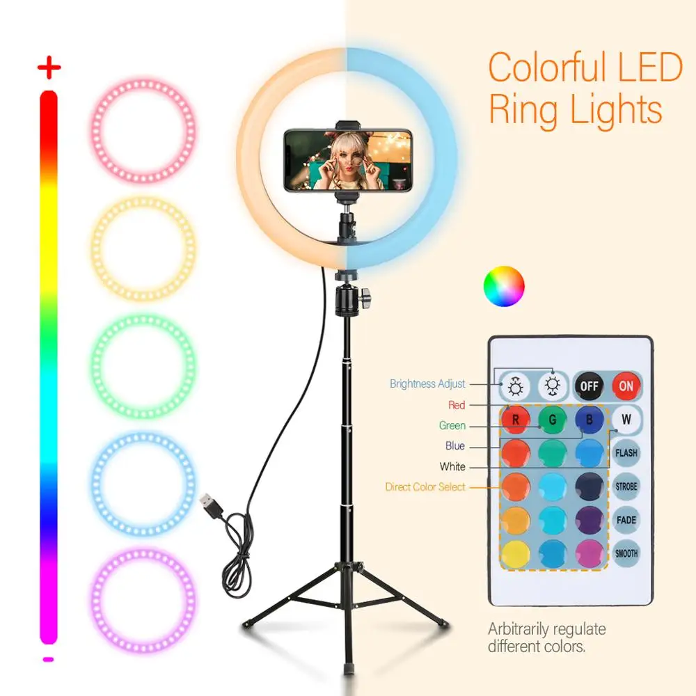 Светодиодный кольцевой светильник RGB 10 дюймов с высоким штативом 150 см + пульт