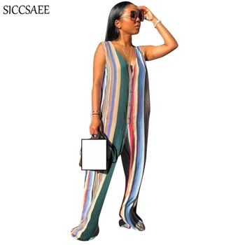 

Button V Neck Rainbow Multi Striped Printed Jumpsuits And Rompers For Women Loose Bohemian Style Mono Mujer Sexy Casual Overalls