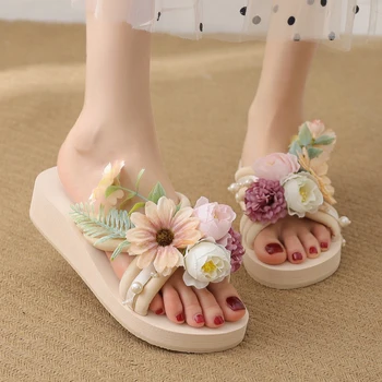 

Slippers Casual Shoes Slides Flower On A Wedge Summer Clogs Woman Med Luxury Soft Beach Rubber Cotton Fabric PU Floral Wedges
