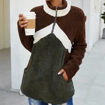 

Casual Fleece Sweatshirt Women 2019 Patchwork Zip Faux Fur Oversized Hoodies Female Winter Plus Size Fluffy Pullovers