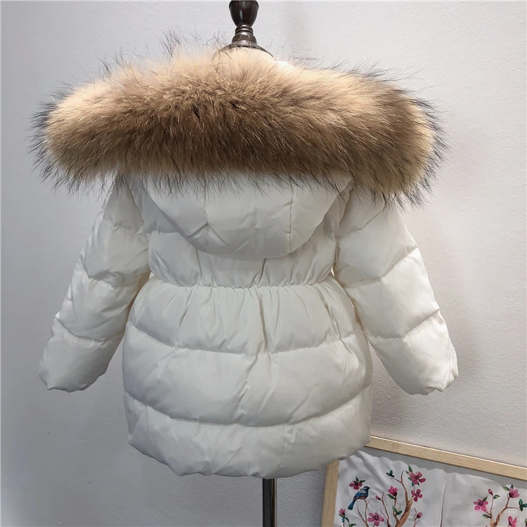 

2019 Long Winter Coat Thickening Children Girl Hooded Waist Jackets Fashion Warm Coats 90% Down Padded Kids Overcoat -30 Degrees