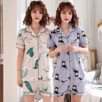 

2019 Summer Short Sleeve Pajama Sets for Women Cotton Print Shorts Sleepwear Femme Loungewear Homewear Pijama Mujer Home Clothes