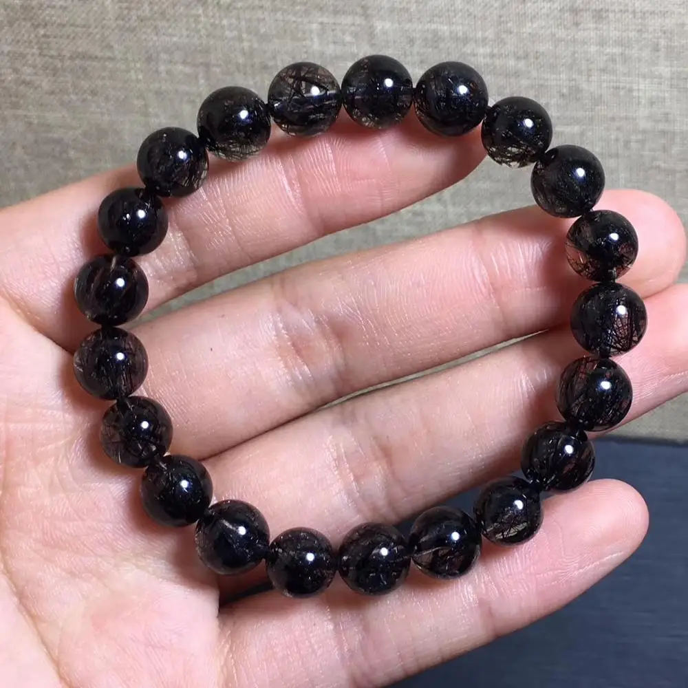 

9mm Top Natural Black Rutilated Quartz Bracelet Jewelry For Woman Lady Man Love Crystal Brazil Round Beads Stone Stretch AAAAA