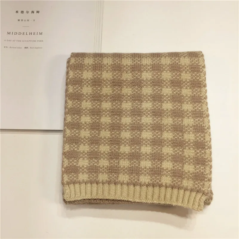 beige Новинка г., осенне-зимний клетчатый длинный шарф для девочек Теплый детский шейный платок для мальчиков, воротник, вязание шерстяное шарф для девочек, шарф с круглым кольцом - Цвет: beige