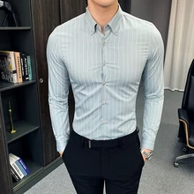 New Men's Luxury Shirts Long Sleeve Slim Fit Striped Dress Shirt Men White Wedding Shirt Camisa Masculina