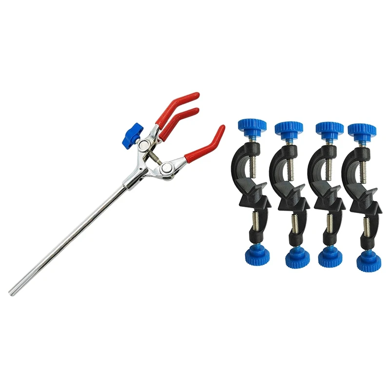 5pcs Lab Clamp Finger Style Large Grip Adjustment Range Rod Length - 1pcs 3 Prong &amp 4pcs 2 Boss Heads |