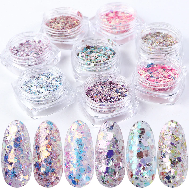 

8 Boxes/SetNail Glitter Set Holographic Laser Nail Powder Mermaid Powder Flakes Shiny Charms Hexagon Nail Art Pigment Dust
