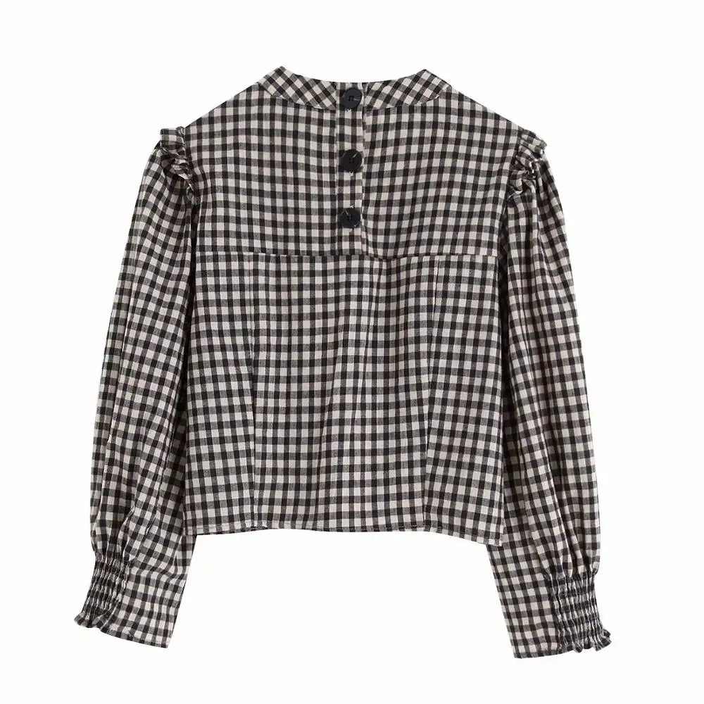 Увядшие blusas mujer de moda английский винтажный буф рукав пуговицы клетчатая Сексуальная короткая рубашка женские Топы И Футболки