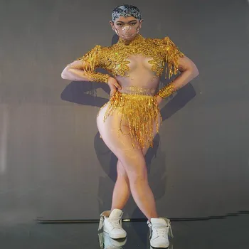 

New Shine Gold Tassel Rhinestone Transparent Bodysuit Headdress Women Dancer Prom Wear Birthday Celebrate Outfit