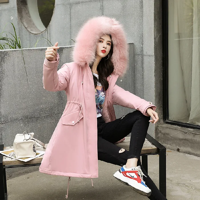 

2019 Parka New Style Large Size Dress Rex Rabbit Fur Inner Wearing Fur Coat Mid-length Deconstructable Fox Fur Collar