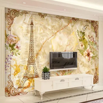 

European Style Marble Wallpaper 3D Iron Tower Building Flowers Photo Wall Murals Living Room TV Sofa Background 3D Decor Fresco