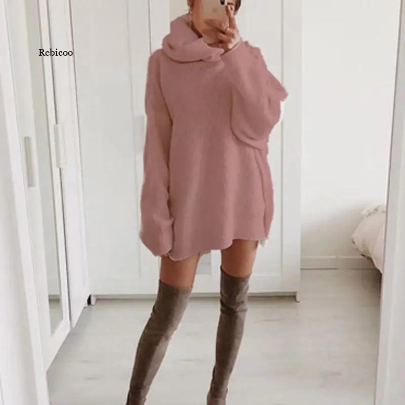 

Autumn Winter Warm Women Elegant Knitted Dress Fashion Solid Turtleneck Dress Casual Female Long Sleeve Loose Mini Dresses