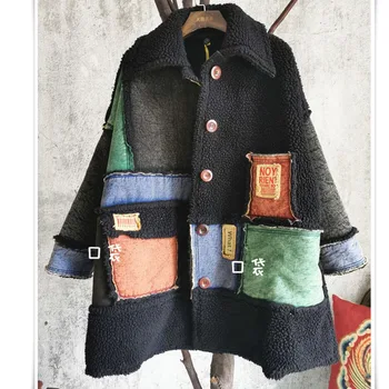 

QING MO Women Denim Stitching Parkas 2020 Winter Women Colorful Patch Parkas 2 Side Large Pocket Long Coat ZQY5915