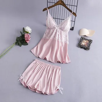

Women Satin Lace Sleepwear V-neck Camisole Bowknot Shorts Set Sleepwear Pajamas Lingerie Shorts Sleeveless Backless Sexy Pijamas