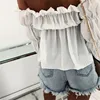 Chiffon Blouses Womens Sexy Off Shoulder Long Puff Sleeve Short Tops Loose Casual Blouse Lady Sexy Hot Sale Ruffle Pleated Shirt ► Photo 2/6