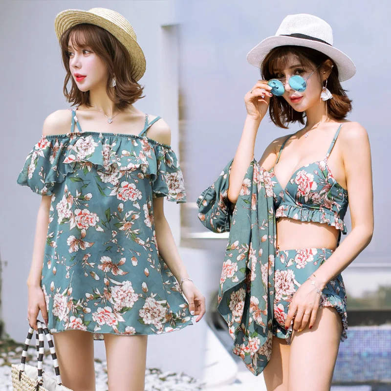 

Bathing Suit Women's Three-piece Set Bikini Split Type Boxer Conservative Belly Covering Slimming Small Bust Gathering Sexy Hot