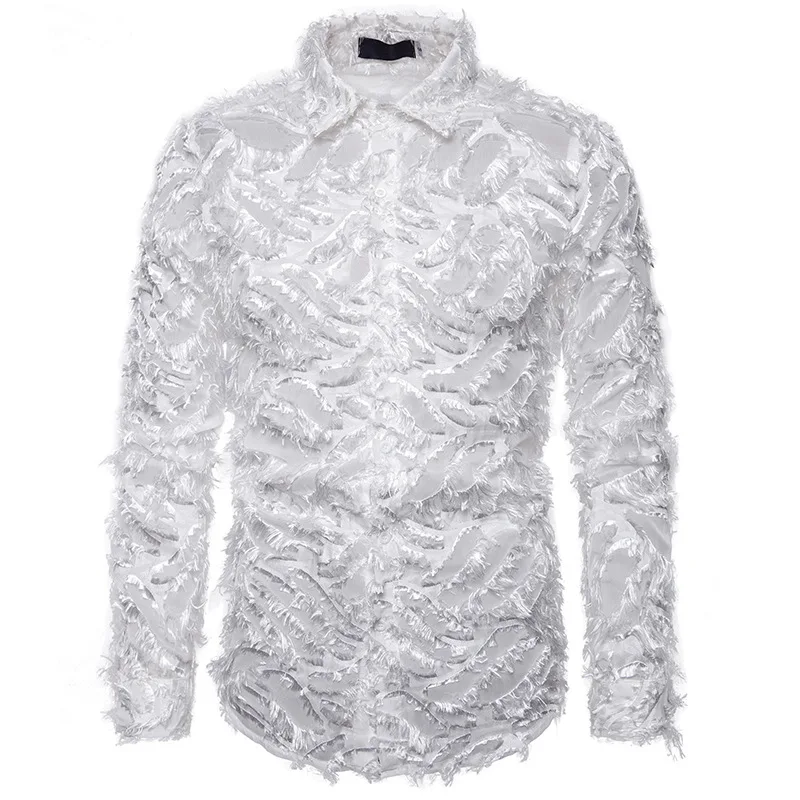 

White Feather Lace Button Up Shirt Men 2023 Brand Slim Fit Long Sleeve Shirt Mens Disco Party Nightclub Prom Dress Shirts Male