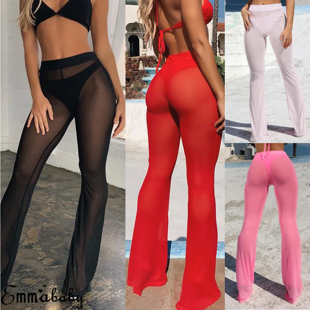 Women Sexy Beach Sheer Mesh See Through Transparent High Elastic Waist Bikini Cover Up Swimwear Bell Bottom Flare Pants Trousers