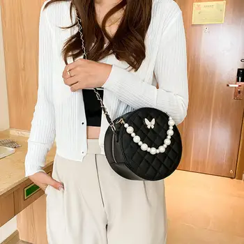 

Retro Lattice Pattern Round Crossbody Bags For Women Pu Leather Circular Shoulder Bag Female Chain Bag Pearl Handle Tote Bags