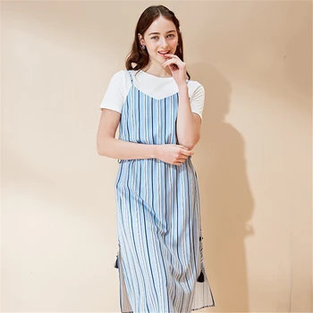 

LA CISNE Summer new style long temperament simple fashion striped sling two-piece short-sleeved dress women