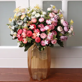 

Silk Tea Rose Artificial Flowers Vintage Wedding Home Decor 13 Heads Mini Bouquet Retro Fake Flower Party DIY Decoration