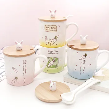 

Cartoon Rabbit Ceramic Mug Creative Milk Mug with Spoon 3D Lid Household Juice Coffee Cup Breakfast Bone China Mugs for Children