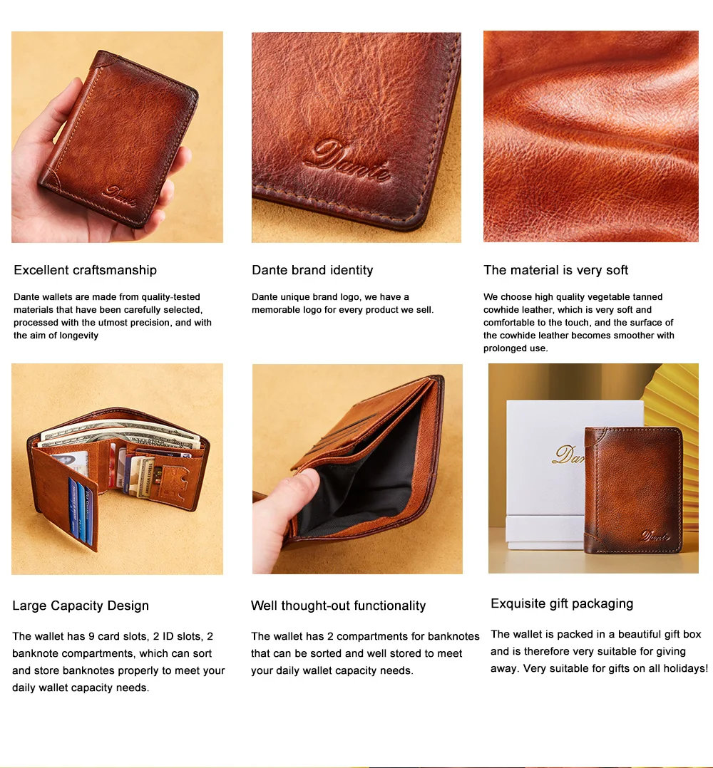 Dante Men's Leather Wallet RFID Anti-theft Brush Head Layer Cowhide Retro Casual Vertical Multi-Function Money Bag Money Clips 5