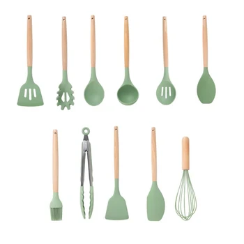 

Silicone Cooking Utensil Set 6/9/11/13pcs,Non-stick Heat Resistant Anti Microbial Silicone,Cookware with Wooden Handle - Green